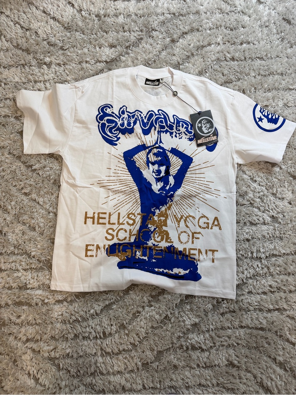 Hellstar White Short Sleeve Graphic Tee - Blue & Gold Print